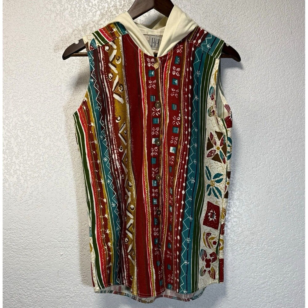 I.V.Y. Women's S Boho Tribal Print Hooded Sleeveless Button Front Tunic Top